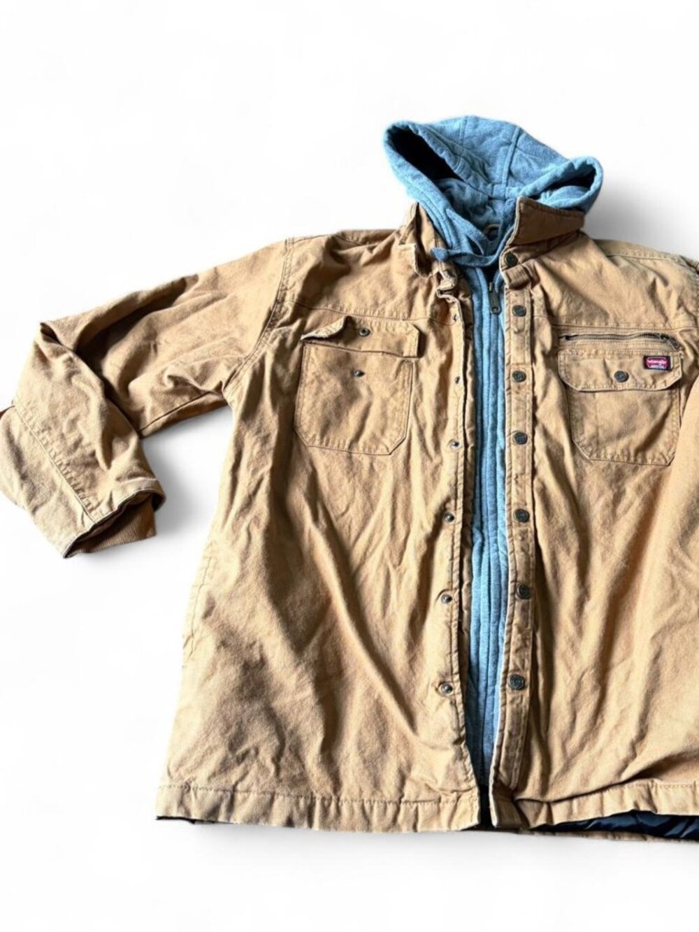 Wrangler tan jacket with grey hood hoodie   Size large      #workwear #utility g